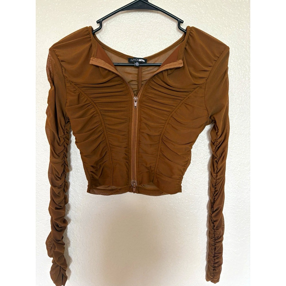 Fashion Nova Brown Mesh Ruched Long Sleeve Zip Front Cropped Top XS